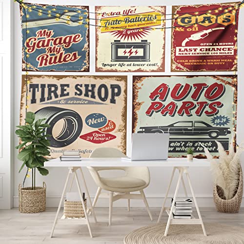 Ambesonne 1950S Tapestry, Vintage Car Signs Automobile Advertising Repair Vehicle Garage Classics Servicing, Wall Hanging For Bedroom Living Room Dorm Decor, 60" X 80", Burgundy #TOP5