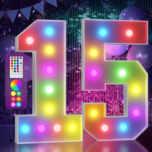 Image of Imprsv Colorful 4FT Marquee Numbers Light up Numbers 15 Birthday Decoration | RGB with Remote, Party Decorations Anniversary Wedding Decorations Assembly Required Foam Board 42 Pcs Accessory Set