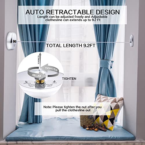 Image of Retractable Clothesline, JIMSUMM 304 Stainless Steel Shower Clothesline, 9.2ft Adjustable Laundry String Line for Indoor and Outdoor, Retractable Family Clothesline for Great Addition to Any Home