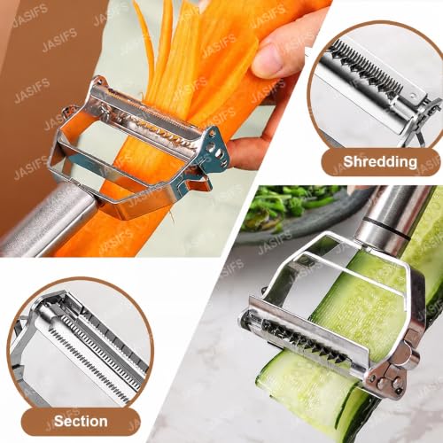 Image of JASIFS 2 in 1 Stainless Steel Julienne Vegetable Peeler Multi-Functional Fruit & Veggie Shredder Slicer and Grater for Potatoes, Carrots, Cucumbers (Silver, 18 x 8.2 x 2.3 cm)