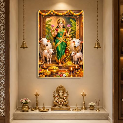 Image of The Hanging Story Goddess Lakshmi Wooden Wall Painting for Living Room | Vastu Wall Decor Painting for Home, Office, Bedroom | Divine Hindu God Photo Frame Wall Decoration (12x18 inch)