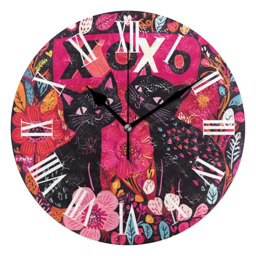 siphylline XOXO - Reloj redondo de pared para el día de San Valentín, diseño de gatos negros, 25,4 cm, silencioso, simple, para sala de estar, hogar, cocin