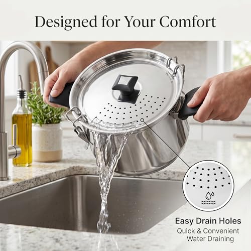 Image of MYNAKSHA Stainless Steel Strainer Pot with Lid, Heavy Base Rice Cooker with Locking Handles, Induction & Gas Compatible, Drain Easily, Ideal for Pasta, Lentils,Noodles & Vegetables - 4.6 L