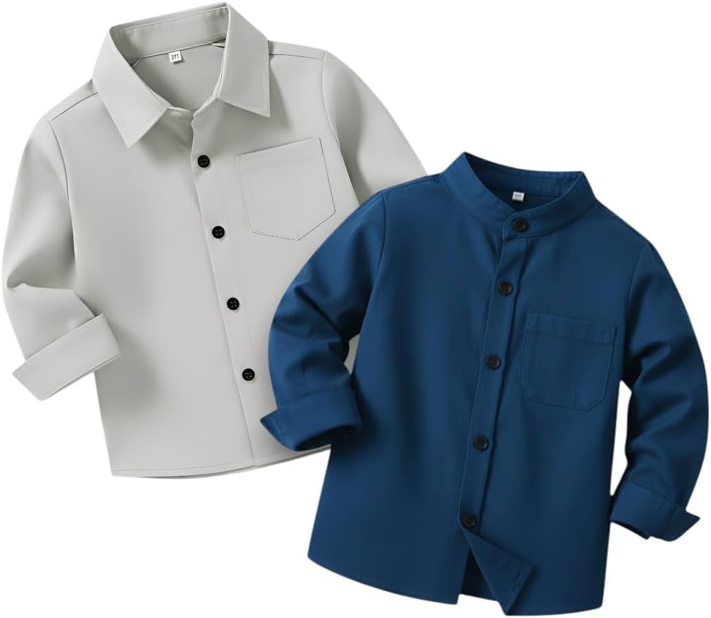 Boys Shirt, Long Sleeve Button Down, Chest Pocket, Grey and Wine, 2 Pack