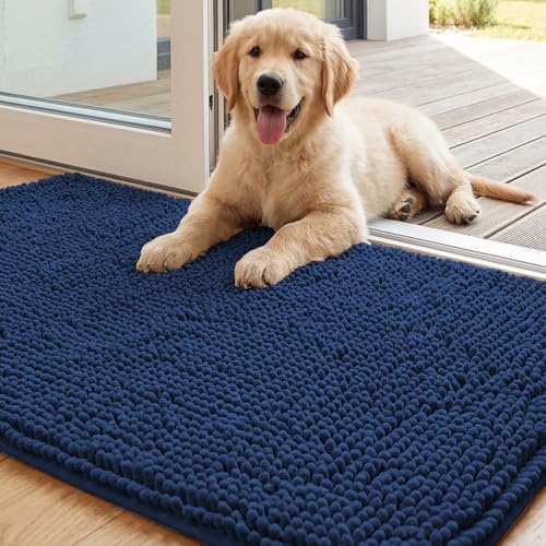 Image of H.VERSAILTEX Dog Door Mat for Muddy Paws Absorbent Dirt Trapper Non Slip Quick Dry Washable Chenille Mats for Dogs Entry Rug for Indoor Outdoor (Navy, 20 inch x 32 inch)