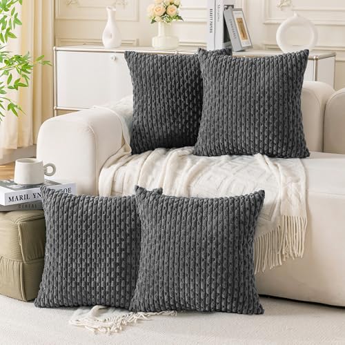 Set of 4 Dark Grey Decorative Throw Pillow Covers 22x22 Inch Corduroy Pillow Covers for Bed Couch Sofa Living Room Soft Square Cushion Cases