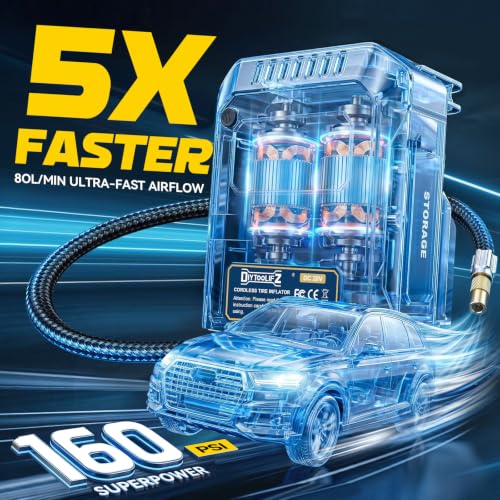 Image of DIYtoolifz Tire Inflator Portable Air Compressor Compatible with Dewalt 20V Battery, 160PSI Air Pump with Dual Digital Screen, Auto Shut-Off, 5X Faster Inflation & Deflation for Car, Motor (Tool Only)