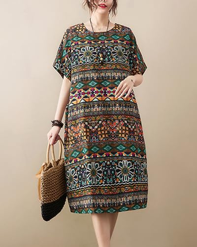 Image of LUZU JUNU Women's Summer Baggy Plus Size Loose Cotton Linen Long Boho Beach Dress with Pockets
