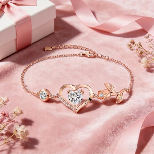 Image of 1CT Rose Heart Bracelet Moissanite Lab-Grown Sapphire Ruby Emerald&More 18K White Rose Gold Plated Anniversary Birthday Gift for Wife Girlfriend Mom Daughter Mothers Day Gift for Mom