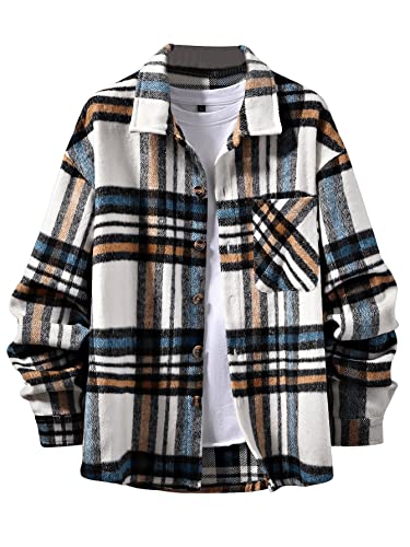 SweatyRocks Men's Plaid Long Sleeve Button Front Jacket Drop Shoulder Single Breasted Coat Shirt