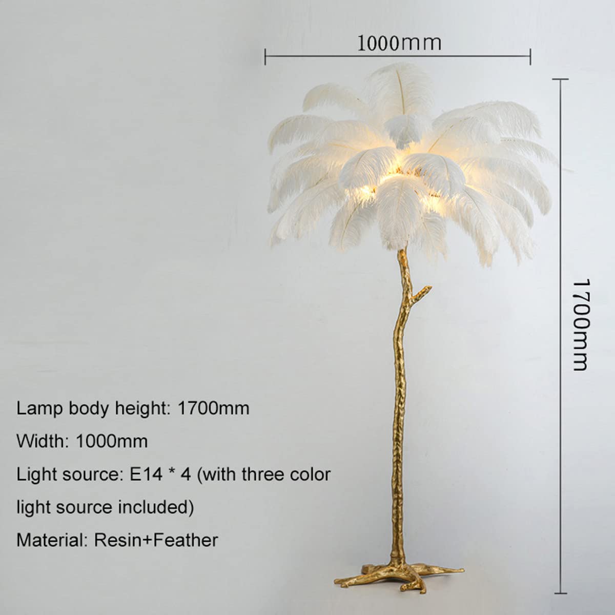 Piantana Lampada da terra di piume di struzzo,Lampada da Terra A Luce Soffusa Lampada Orientabile,lampada da terra moderna in piedi lampada da comodino romantica decorazione,White-170CM