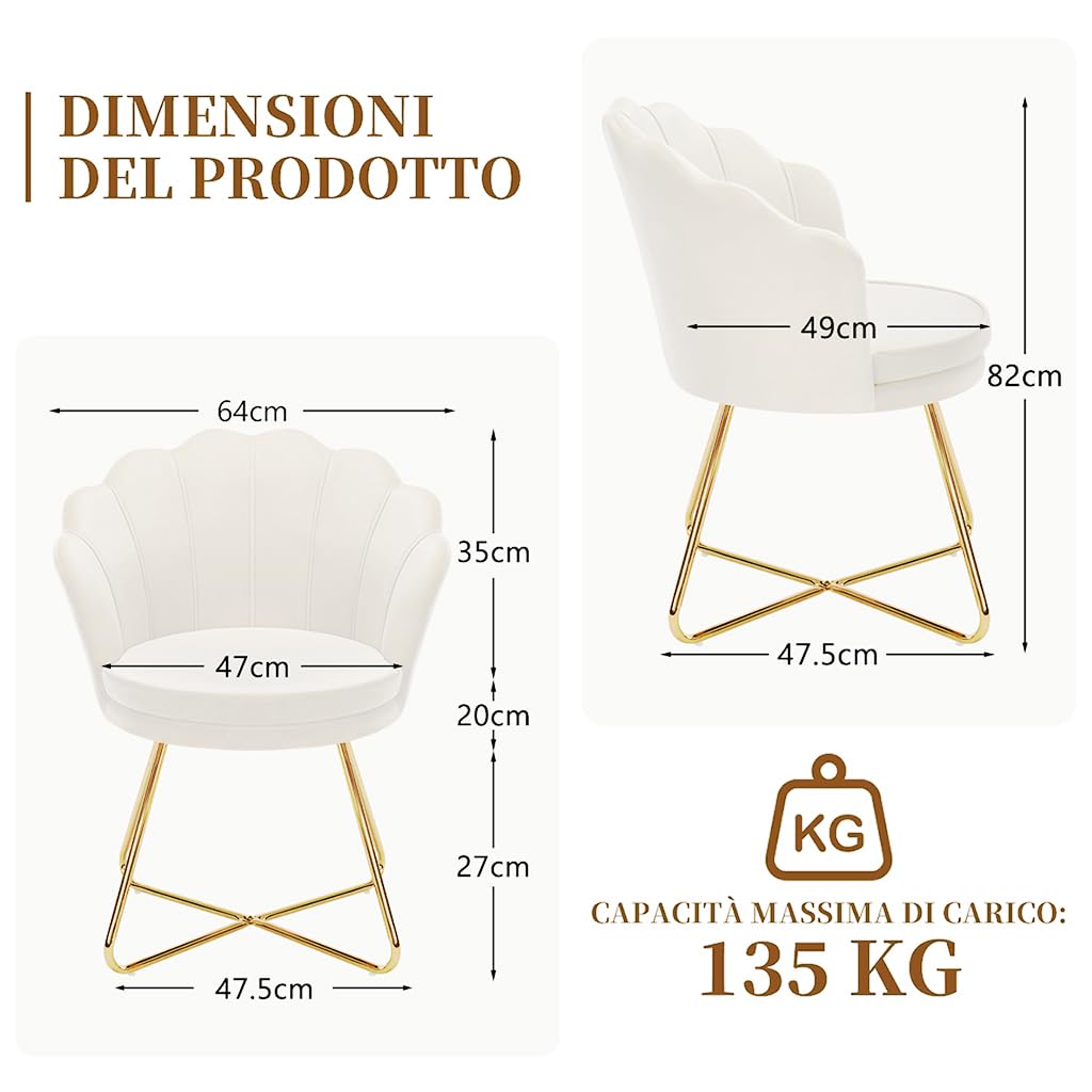 Hellove Sedia Trucco, Poltrona Conchiglia in Velluto con Placcato Oro Metallo Gambe, Moderno Poltrona Salotto con Seduta Morbida Imbottita per Camera da letto/Soggiorno/Vanità, Beige