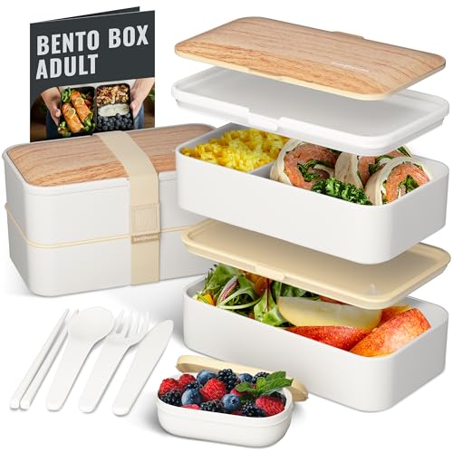 Bentoheaven Premium Bento Box Adult Lunch Box with Compartments for Women & Men, Set of Utensil & Chopsticks & Dip Container, Cute Japanese Kids Bento Lunch Box, Microwavable (Bright Light)