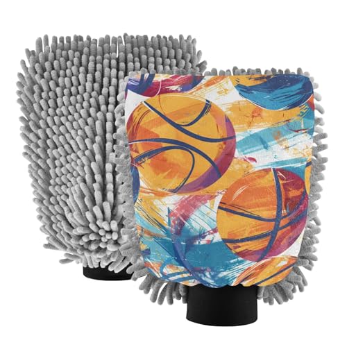 IOACIY Absorbent Microfiber Car Wash Drying Mitts, 2 Pack, Scratch-Free & Lint-Free, Rich Foam, Highly Absorbent, Double Sided, Wash Mitt Perfect for Car Washing, M, Basketball (12)