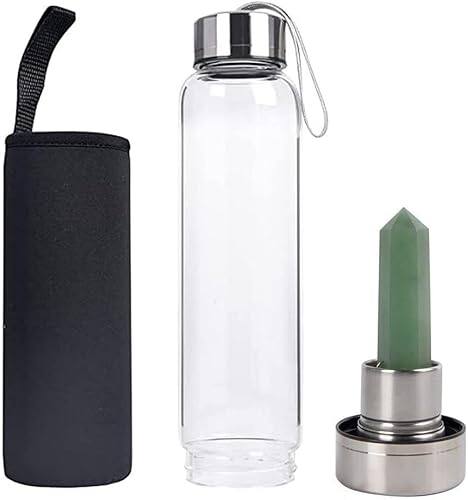 Miniatura 3 de Botella de agua de cristal de cristal, botella de cristal de cuarzo verde con piedra preciosa en el centro, taza de cristal infundida, varita de