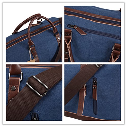 Ulgoo Travel Duffel Bag Canvas Bag PU Leather Weekend Bag Overnight (Deep Blue)