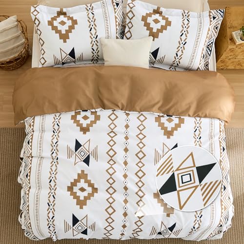 Image of Bedsure Duvet Cover Queen Size - Modern Boho Geometry Floral Duvet Cover Set with Zipper Closure, 3 Pieces Hazel Bedding Set with 8 Corner Ties and 2 Pillow Shams 20 inchx26 inch