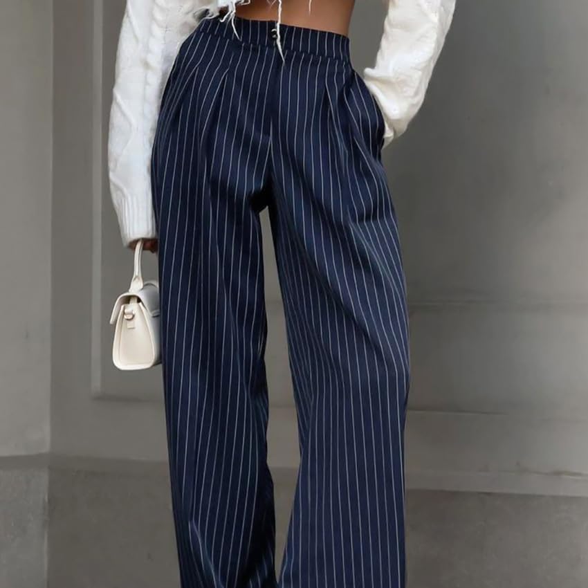 Women's Y2K Cottagecore Pants Vintage Striped Wide Leg Trousers Harajuku Aesthetics Buttoned Clothing with Pockets3