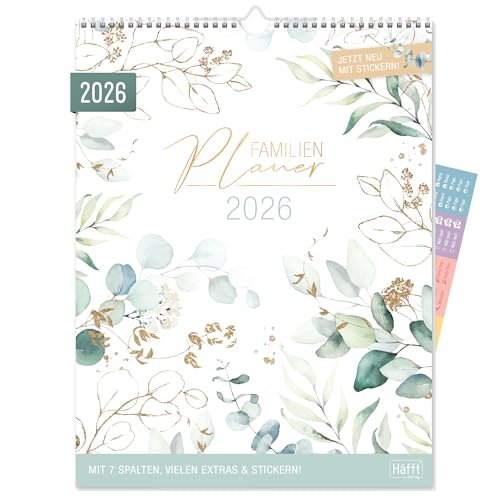 Häfft® Familienplaner XXL 2026 Wandkalender 7-spaltig mit Sticker "Blattgold" 33,1 x 44,6 cm, Familienkalender Wandplaner für 12 Monate: Jan bis Dez 26 - nachhaltig & klimafreundlich