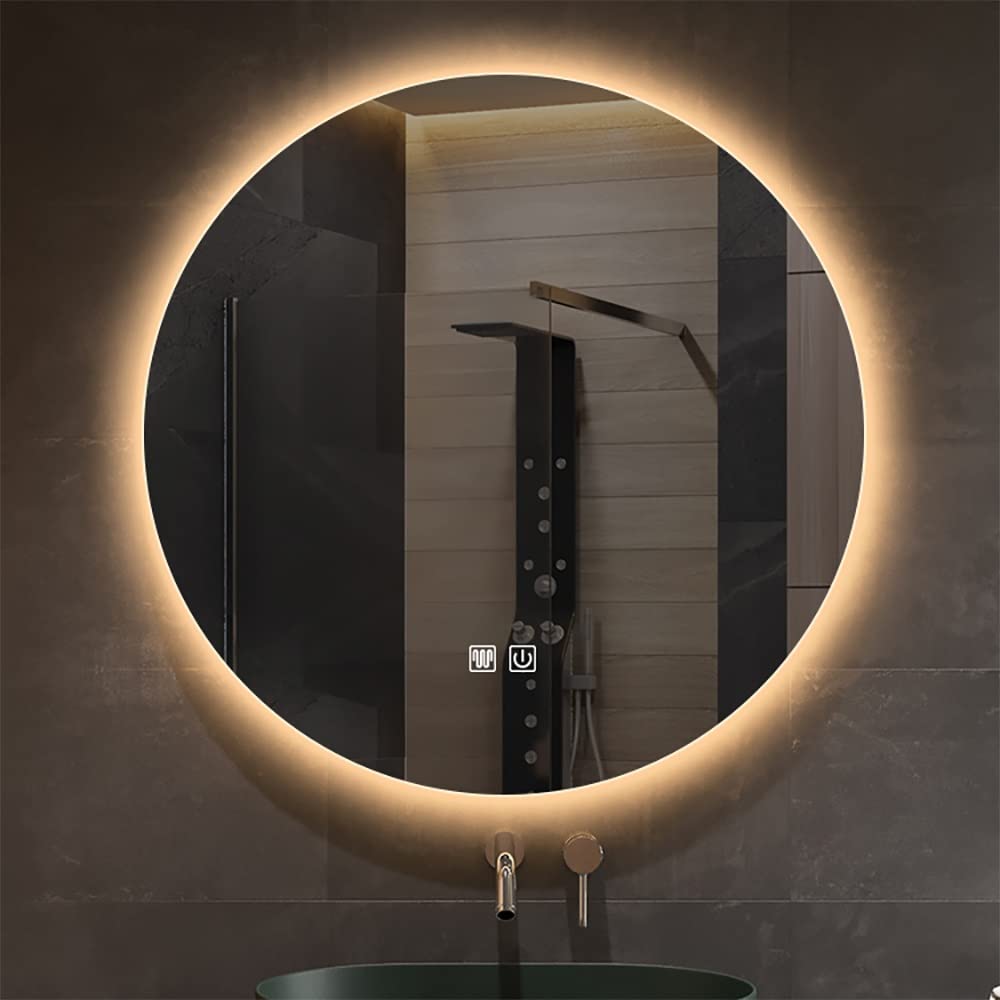 PhAsz Frameless Bathroom Vanity Mirror with Touch Switch Round Anti-Fog Wall Mounted Decorative Mirrors 3-Color Dimmable LED Makeup