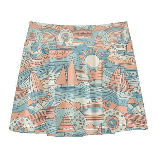 visesunny Girl's Golf Skirt Athletic Wave Boat Vintage Tennis Skort Sport Activewear with Double Layer Pockets
