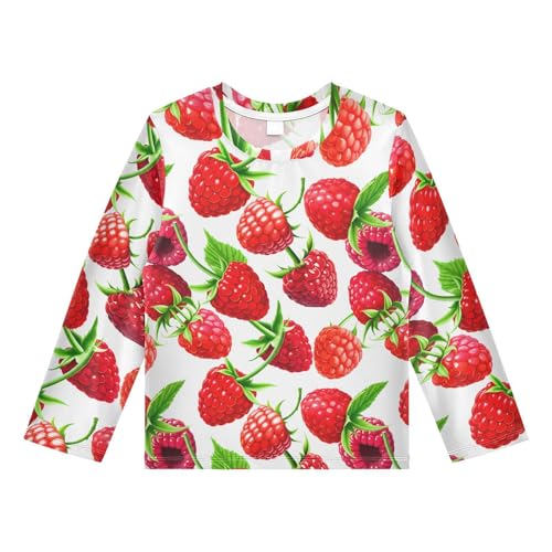 DOMIKING Red Raspberry Leaf White Boys Long Sleeve Rashguard Shirt Kids Quick Dry Swim Shirt for Toddler Kid 9-10T