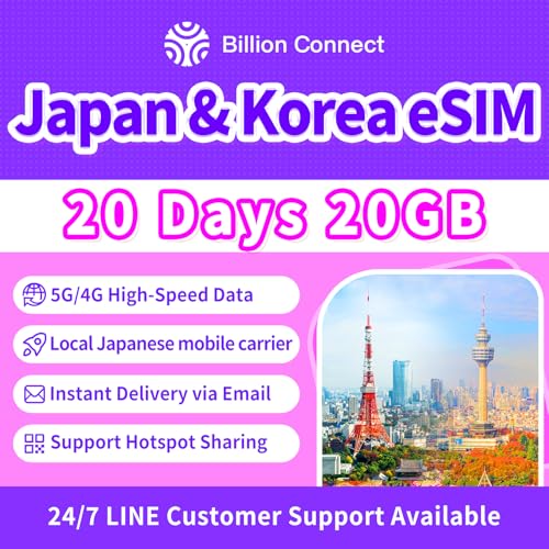 Japan & Korea eSIM – 20 Day 20GB (5G/4G) High-Speed Data Prepaid Card. Unlimited 128kbps After Cap, Hotspot Support, Same-Day Online Delivery Support. (20 Days 20GB)