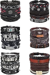 ADRAMATA 30 Pcs Leather Mens Bracelet Adjustable Mens Bracelet Ethnic Tribal Bracelets Evil Eye Bracelets Skull Bracelets Brown Black Rope Bracelets Set Leather Bracelets for Men Women