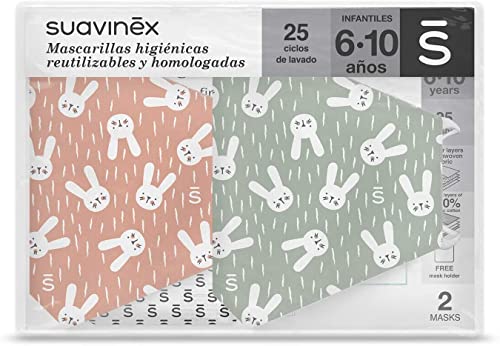 Suavinex Mascarillas higiénicas para niños reutilizables, certificadas y aprobadas 6-10 años, 3 capas, 25 ciclos de lavado, fabricadas en España, 2 unidades, verde y rosa, 29 g