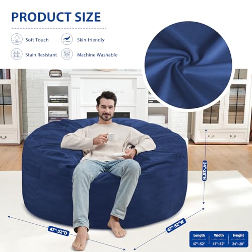 5FT Bean Bag Chair, Large Bean Bag Chairs with Memory Foam Filled, Fluffy Beanbag Sofa with Dutch Velvet Cover, Round BeanBag Chairs for Living Room, Playroom - Blue