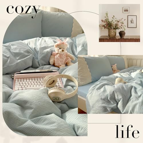 Image of VM VOUGEMARKET Blue Plaid Duvet Cover Set Queen Romantic Lace Duvet Cover with 2 Pillowcases Sky Blue Gingham Comforter Cover for Teen Girls