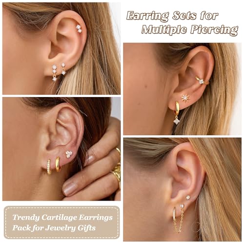 11/12 Pairs Hoop Earrings for Women 14k Gold Plated Small Huggie Hoop Earrings Pack Trendy CZ Cartilage Stud Earrings Set for Multiple Piercings3