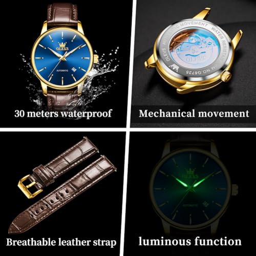 OLEVS Men's Automatic Watches Blue Face Brown Leather Waterproof Date - image 4