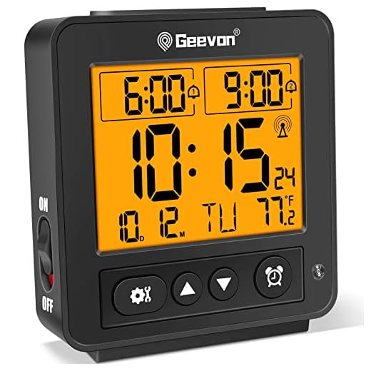 Geevon Small Atomic Travel Alarm Clock with Auto/8s Backlight, 2 Alarm Settings, Temperature, Increasing Beep Sounds Digital Atomic Travel Clock Battery Operated for Bedroom, Bedside, Black