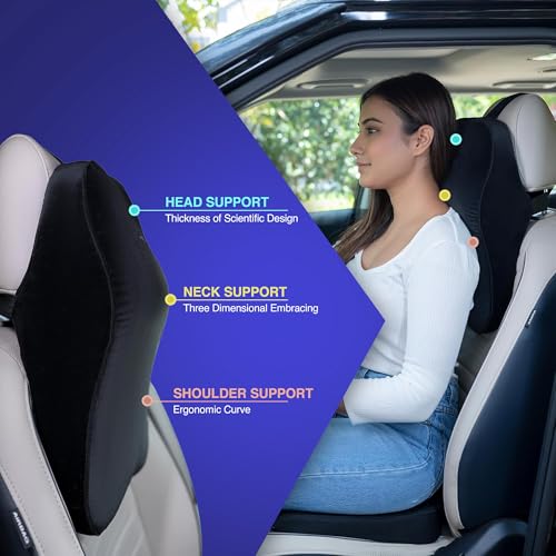 Image of WELLGIVER Orthopedic Memory Foam Car Neck Rest Pillow - Cervical Support Cushion for Neck Pain Relief, Adjustable Strap - Universal Fit for All Cars | Black Velvet