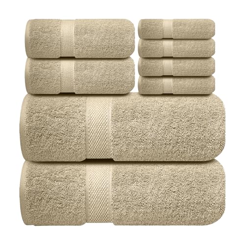 Image of Sulfar 100% Combed Cotton, 8 Pcs Towel Set - 2 Bath Towels (70 x 140 cm), 2 Hand Towels (40 x 70 cm) and 4 Washcloths (30 x 30 cm) (600 GSM, Pack of 8) Beige