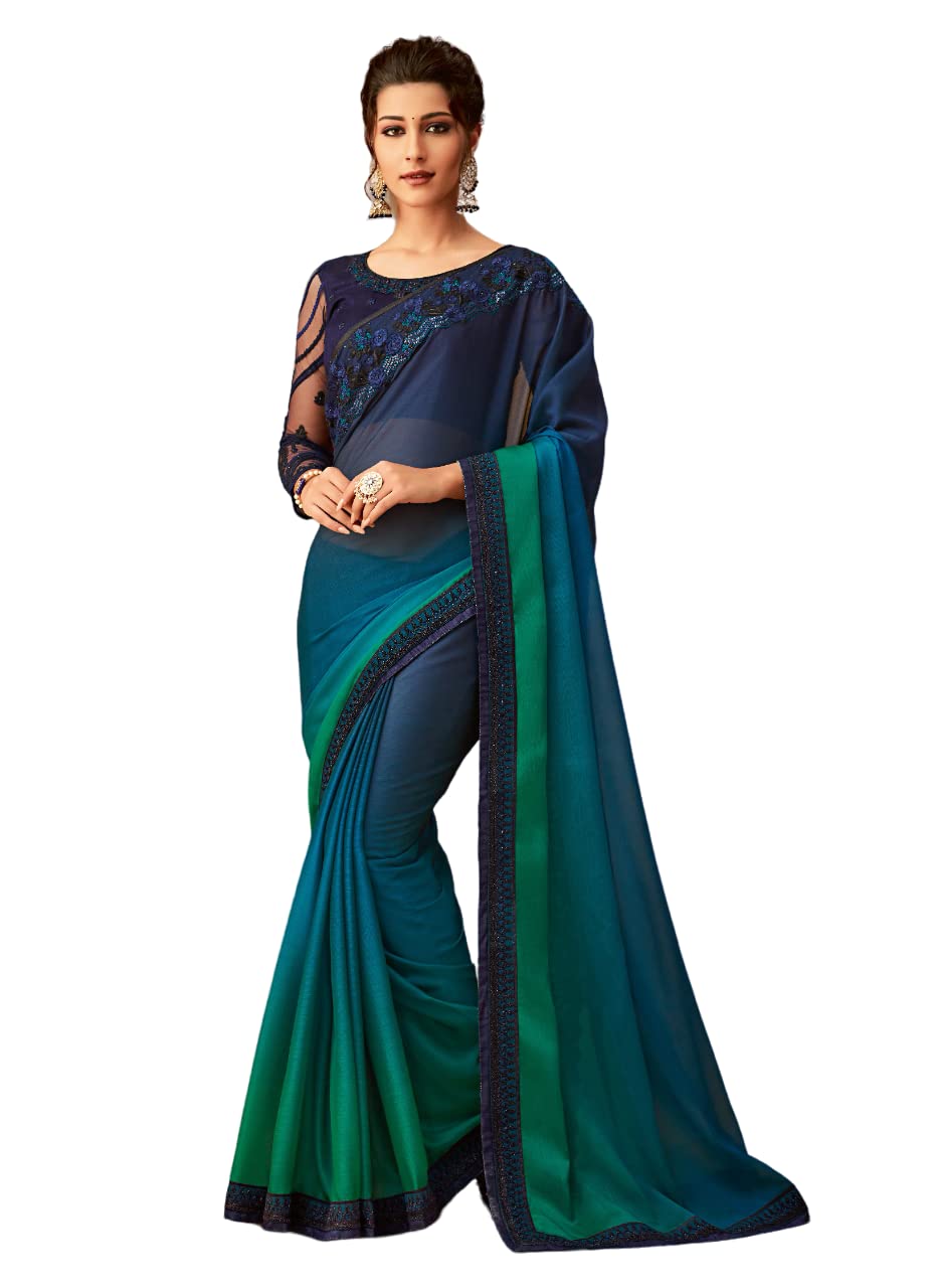 MAHOTSAV Women's Dark Blue Silk Chiffon Embroidered Heavy Border Bollywood Designer Saree With Unstitched Designer Blouse Piece (48248-Dark Blue)