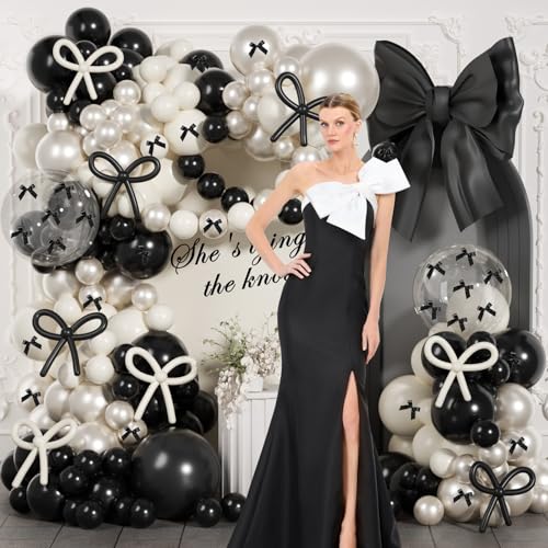 Image of JOGAMS 199Pcs Black and White Balloons Arch Garland Kit, Black Bow Party Decorations with 260 Clear Ribbon Pearl White Balloons for Bow Coquette Birthday Decorations Bachelor Baby Shower Bridal Shower