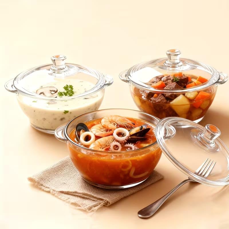 Image of Glass Casserole Dish with Lid, 1000ml, Clear, Heat-Resistant, Microwave and Dishwasher Safe, for Soups and Stews - 1 pcs