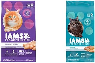 IAMS Proactive Health Healthy Kitten Dry Cat Food with Chicken, 1.59kg Bag & Proactive Health Adult Indoor Weight Control & Hairball Care Dry Cat Food with Chicken & Turkey Cat Kibble, 3.5 lb. Bag