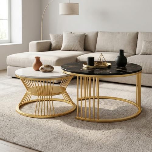 Image of Coffee Table, 20 inch Round Coffee Table Set of 2, Wooden Nesting Table with Metal Frame, Center Tables for Living Room Bedroom Balcony Bedside Table Black