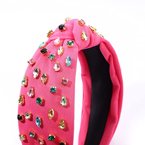 Nvenf Hot Pink Headband Rhinestone Knotted Headbands For Women, Crystal Beaded Jeweled Headbands, Top Knot Headbands Womens Fashion Hairbands Summer Hair Accessories #TOP7