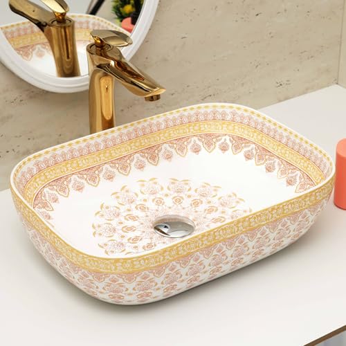 Image of Archstone Wash Basin for Bathroom-1 Year Warranty - Tabletop Washbasin - Ceramic Glossy Rectangle Designer Moroccan Countertop Vessel Sink, Dining Hall & Vanity 33x45x14.5 cm (Orange Moroccan)