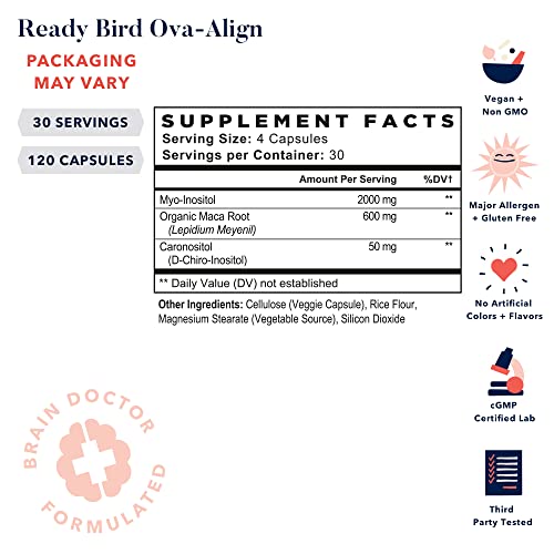 Ready Bird Ova-Align, Myo-Inositol & D-Chiro-Inositol Blend, 40:1 Ratio, 2000 Mg Per Serving, Organic Maca Root, Vitamin B8, Healthy Ovarian Support, Hormone Balance For Men & Women, Non-Gmo, 30 Ct #TOP1