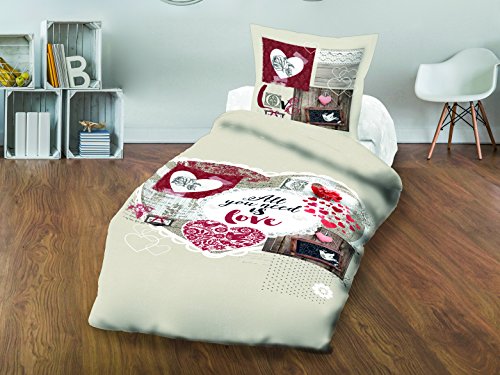Soleil d'ocre 633569 WINTER HEART Parure housse de couette Coton Ecru 140 x 200 x 1 cm
