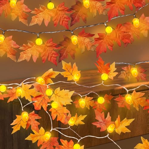 Fall Garland with Lights Thanksgiving Decor: 2 Pack Lighted Fall Garland Maple Leaves Pumpkin Total 20FT 40 LED Battery Operated Indoor Outdoor String Lights Autumn Harvest Party Halloween Decorations