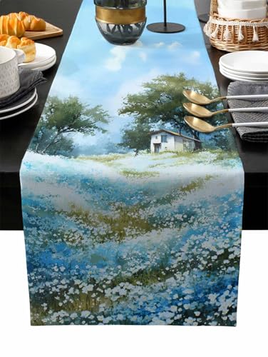 Blue Green Spring Table Runner Cotton Linen 120 Inch Holiday