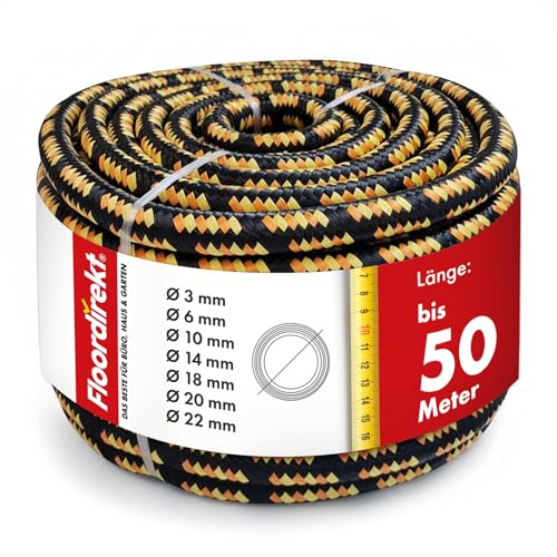 Floordirekt Polypropylen Seil K2 – 10mm 50m schwarz-orange, UV-beständig & wetterfest – strapazierfähiges PP-Seil für Garten, Camping, Boot & Landwirtschaft