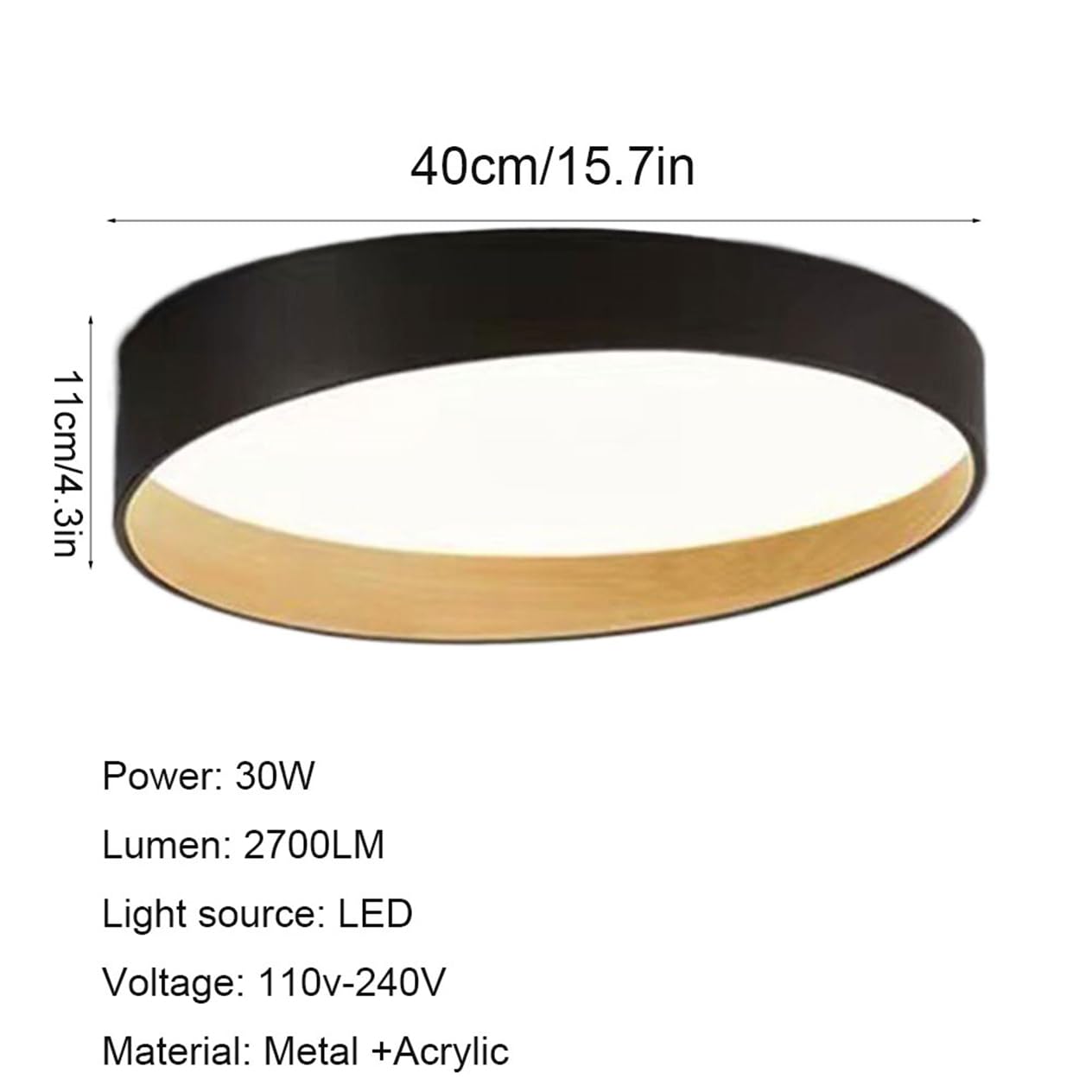 Nowoczesna i minimalistyczna czarna lampa sufitowa LED do sypialni | Okrągła lampa sufitowa LED 50 cm, 36 W, z abażurem akrylowym 3CCT, prosta i podtynkowa. Idealny do jadalni i salonu.
