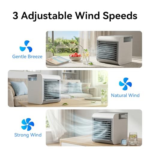 Compact 4-in-1 Portable Air Conditioner Fan with 450ML Water Tank, 3 Speed Settings & 7-Color LED Light for Home, Office, and Travel - Image 3